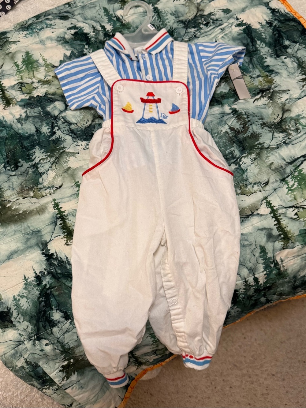 Vintage 80s-90s Baby Dior White Overalls with Blue Stripe Tee Nautical Print